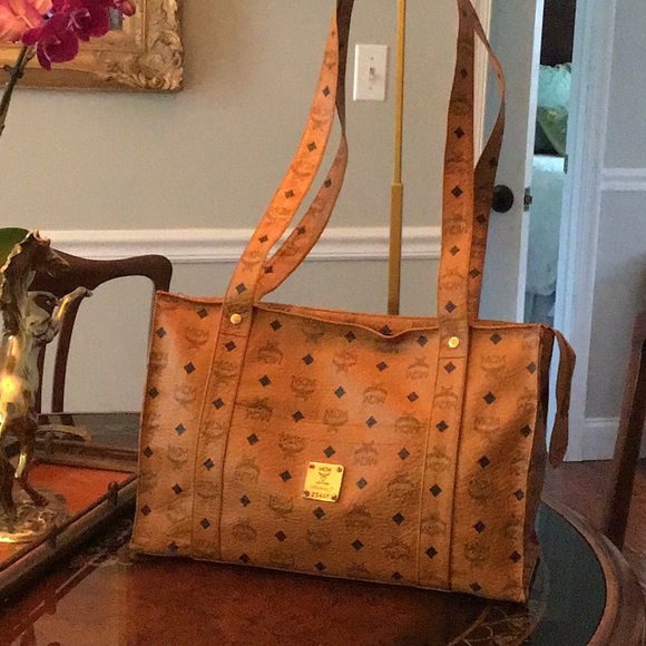 EUC MCM Cognac Visetos Top Zipper Shopper Heritage Shoulder Briefcase Work - Picture 1 of 10